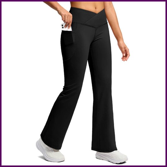 Fleece Lined Flare Leggings with Pockets Thermal Yoga Pants for Women